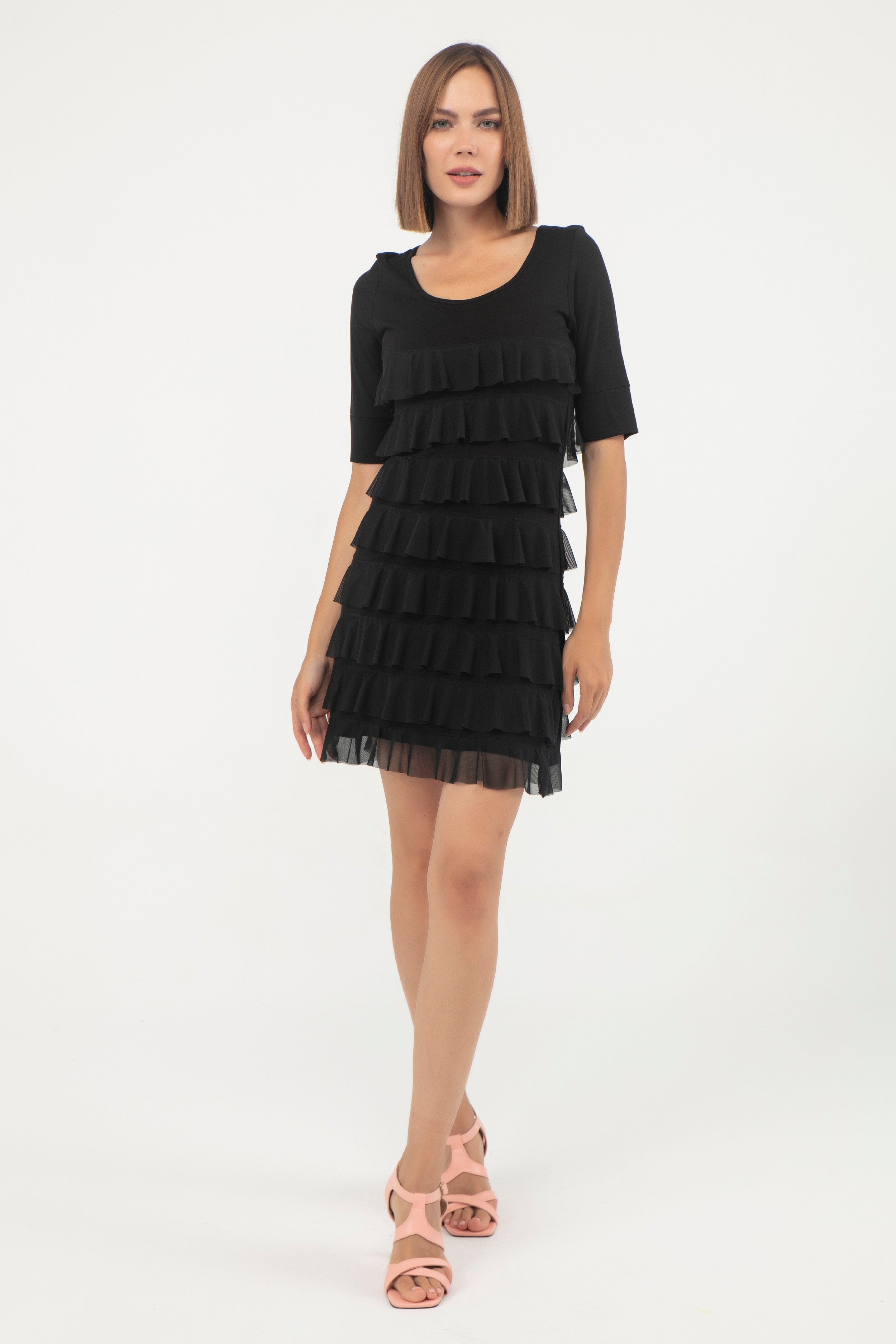 Black Mesh Elbow Sleeve Cha Cha Dress